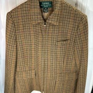 Lauren Ralph LRL Women Petite Equestrian Houndstooth Wool Zip Up Jacket Size 12